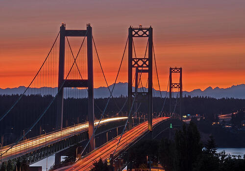 Tacoma Narrows Bridges at sunset
